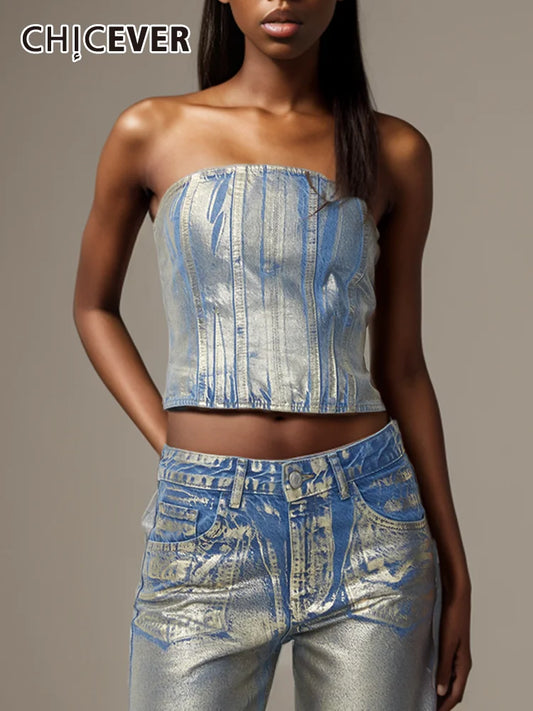 IDALEI CHICEVER Hit Color Denim Vest For Women Strapless Sleeveless Off Shoulder Slimming Patchwork Zipper Summer Tank Tops Female New