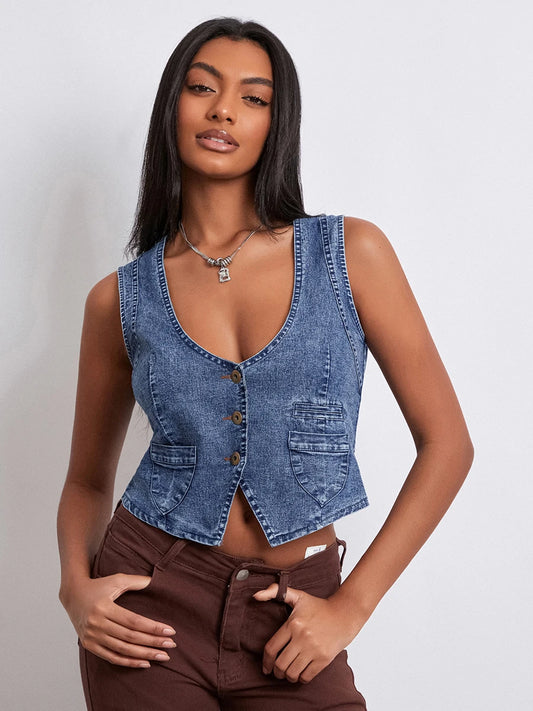 IDALEI wsevypo Retro Sleeveless Jeans Vests 2024 New Fashion Women's V Neck Button down Denim Tank Tops Streetwear Grunge Cropped Tanks